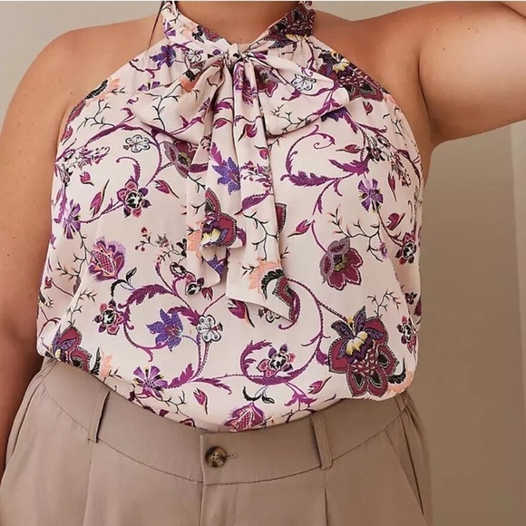 Torrid Satin High Neck Bow Tie Front Halter Top Floral Pink Size 4 - Picture 2 of 14